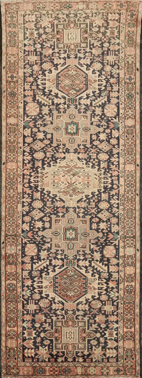Vintage Geometric Tribal Navy Blue and Pink Gharajeh Persian Runner 4x10 ft