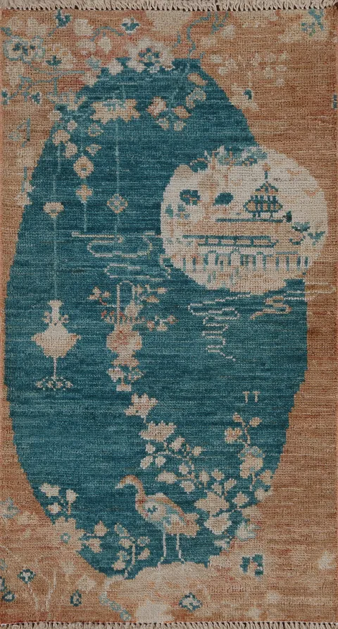 Vegetable Dye Pictorial Oushak Turkish Wool Rug 2x4