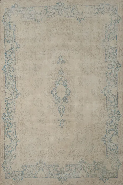 Charming Kerman Persian Area Rug 10x13 in Neutral Tones with Blue Highlights