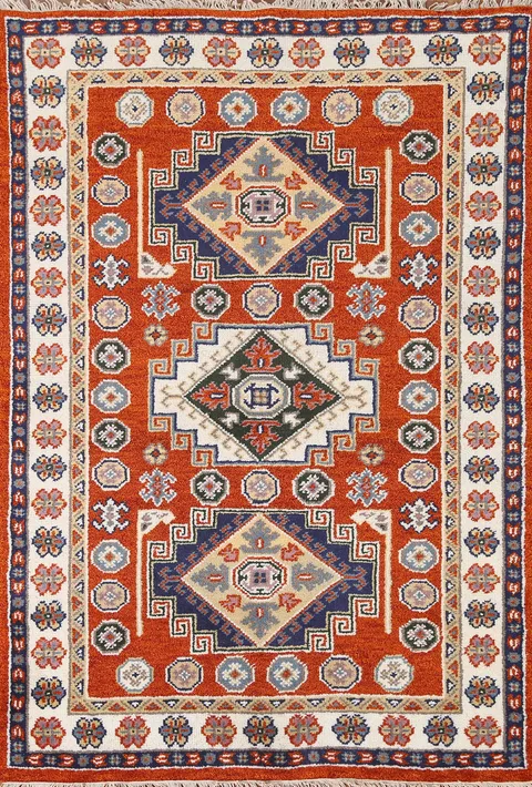 Orange Wool Kazak Oriental Area Rug 4x6