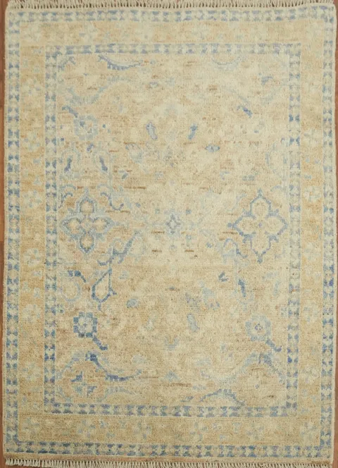Muted Peach and Blue Oushak Turkish Rug 3x4