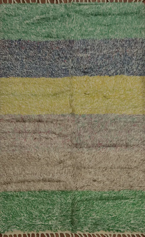 Handcrafted Moroccan Shaggy Area Rug 5x8 Featuring Bold Color Stripes