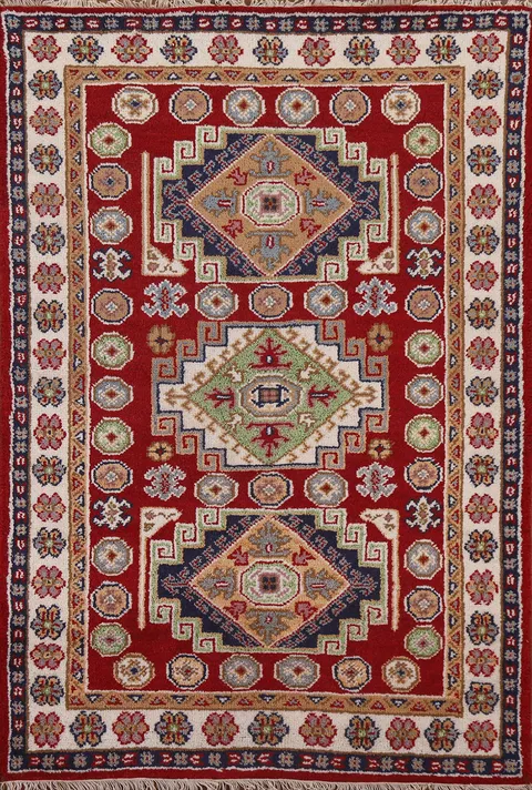 Geometric Red Kazak Area Rug 4x6