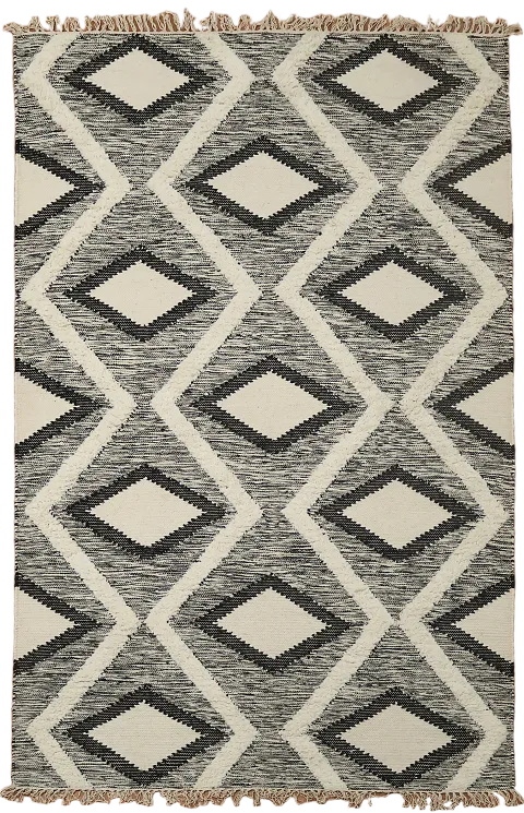 Modern Black and Cream Diamond Pattern Kilim Rug with Fringe 5x8