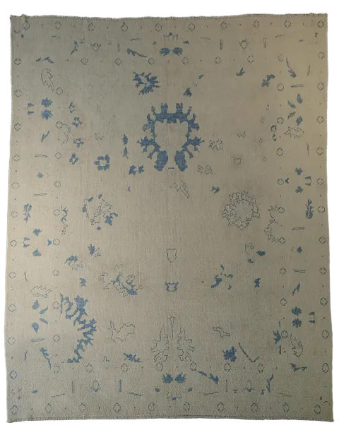 Timeless Beige and Blue Oushak Turkish Rug 7'x9'