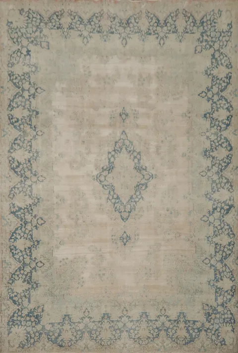 Distressed Blue and Beige Kerman Persian Rug with Pink Undertone 10x13