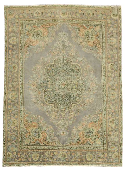 Vintage Grey Lilac Distressed Geometric Tabriz Persian Rug 8'x11'