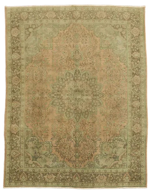 Vintage Distressed Persian Area Rug in Muted Green and Coral Pink Tones 10'x13'
