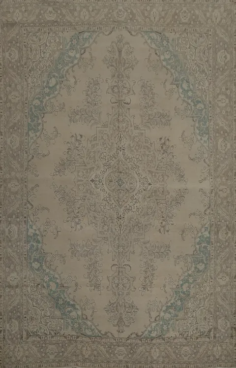 Elegant Beige Tabriz Persian Rug with Intricate Blue Border Design 10x13