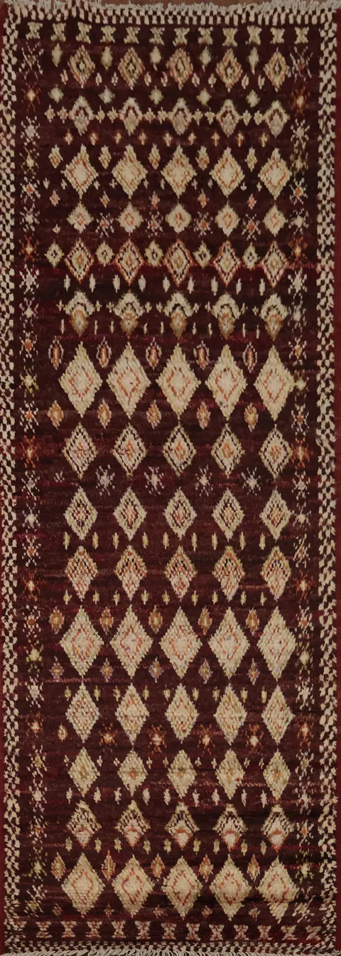 Vibrant Moroccan Runner Rug 3x10 in Deep Burgundy and Cream Tones