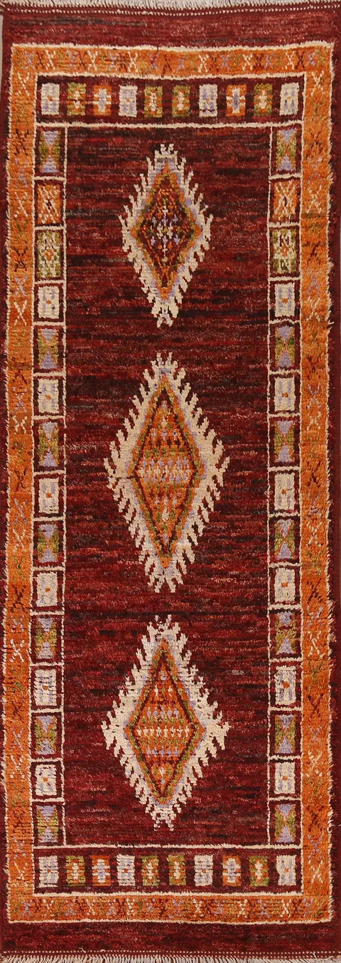 Burgundy Red Moroccan Wool Runner Rug 3x10