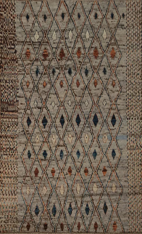 Chic Moroccan Wool Area Rug 7x9 with Intricate Diamond Motif Design