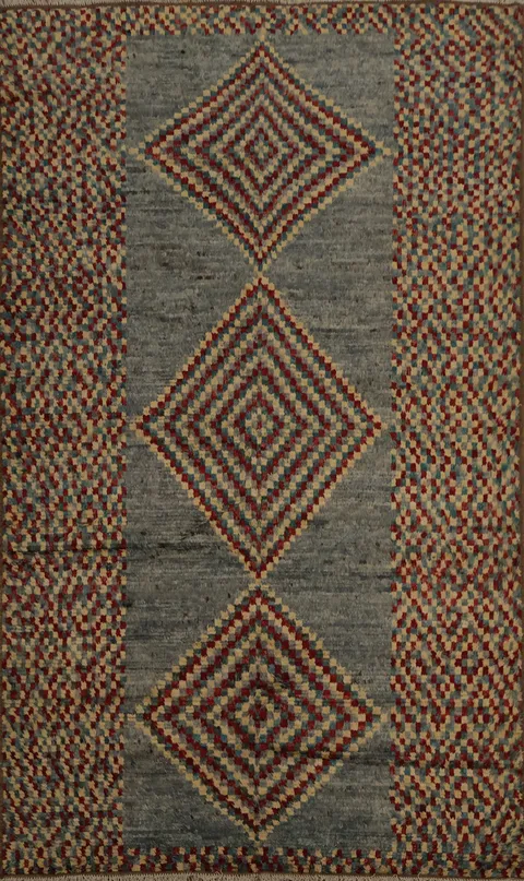 Grey Moroccan Wool Area Rug 6x10 with Multi-Color Diamond Patterns