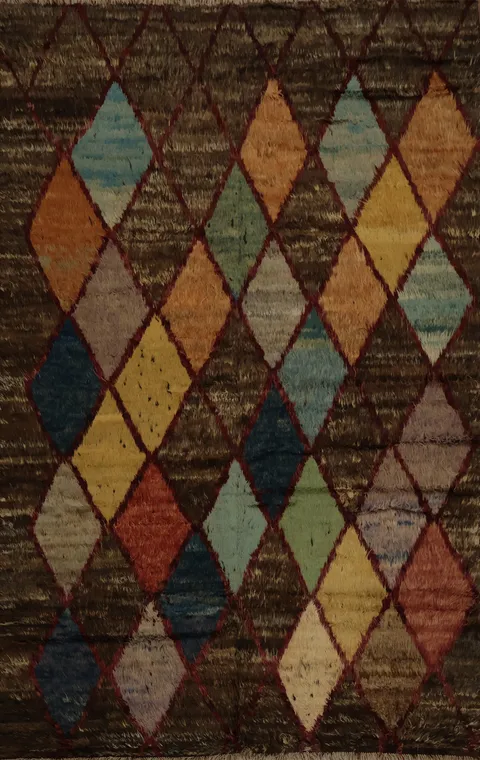 Contemporary Brown Moroccan Area Rug 7x9 with Bold Diamond Motifs