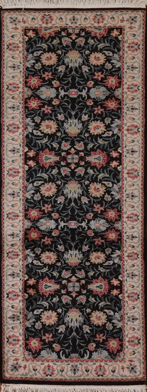 Floral Black Kashan Oriental Rug 3x8