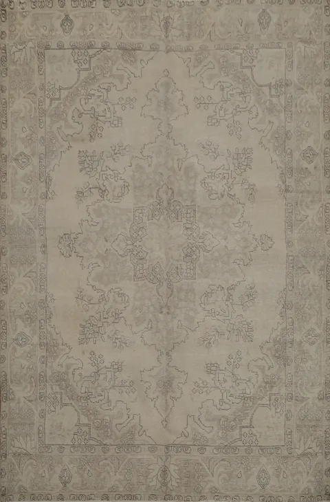 Refined Distressed Beige Vintage-Style Rug with Ornamental Details 7x10