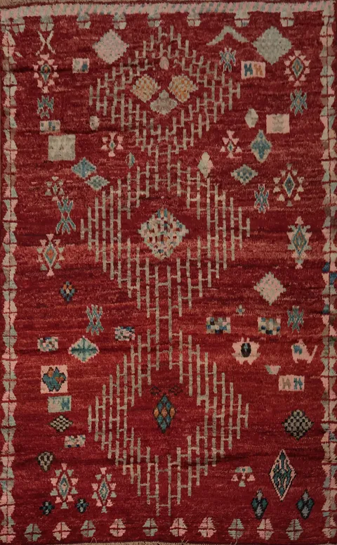 Vibrant Red Moroccan Area Rug 6x9 Featuring Unique Tribal Geometrics