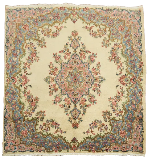 Luxurious Cream and Pink Traditional Floral Square Kerman Rug 6x6 ft
