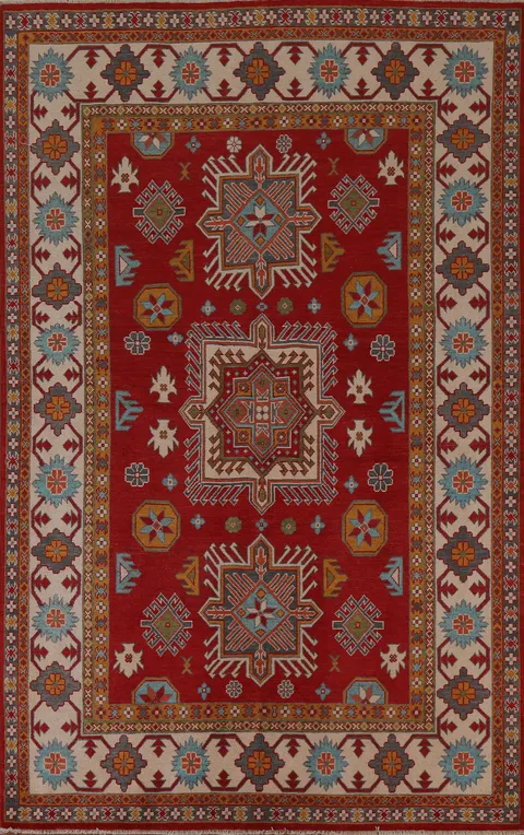 Red Wool Kazak Vegetable Dye Area Rug 6x8