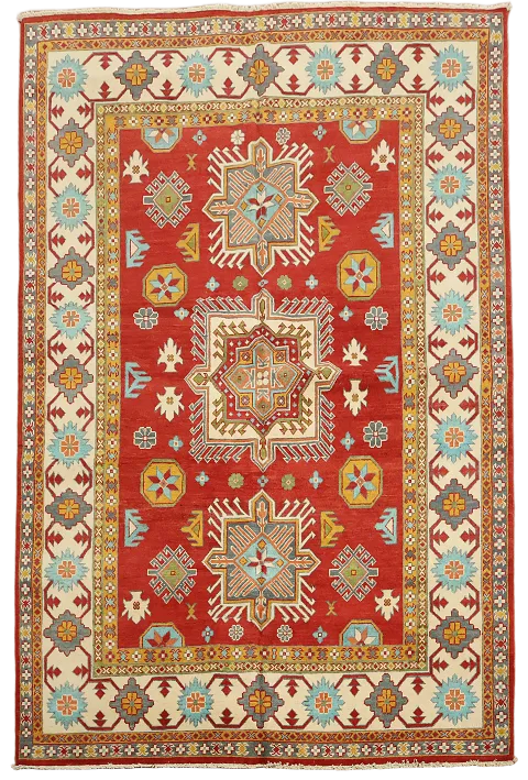 Red Wool Kazak Vegetable Dye Area Rug 6x8