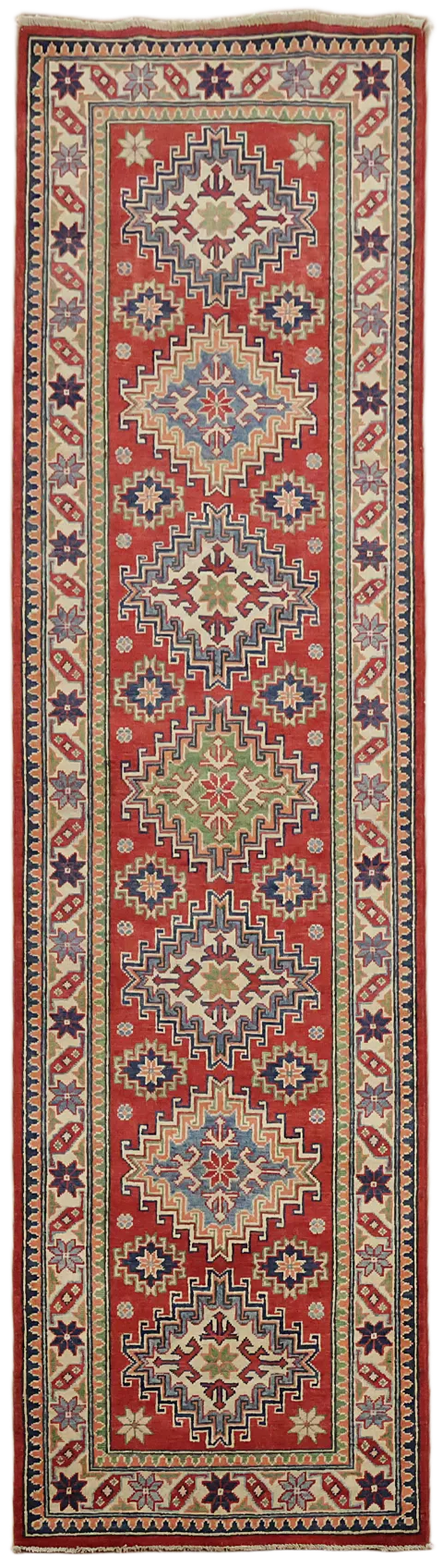 Elegant Red Kazak Runner Rug Featuring Timeless Geometric Motifs 3'x10'