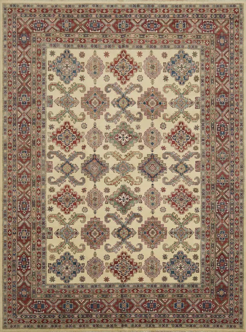Elegant Traditional Pattern Kazak Ivory and Red Rug for Living Room Decor 9x12