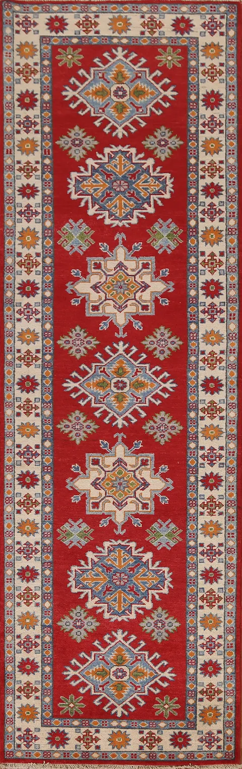 Geometric Red Kazak Runner Rug 3x10