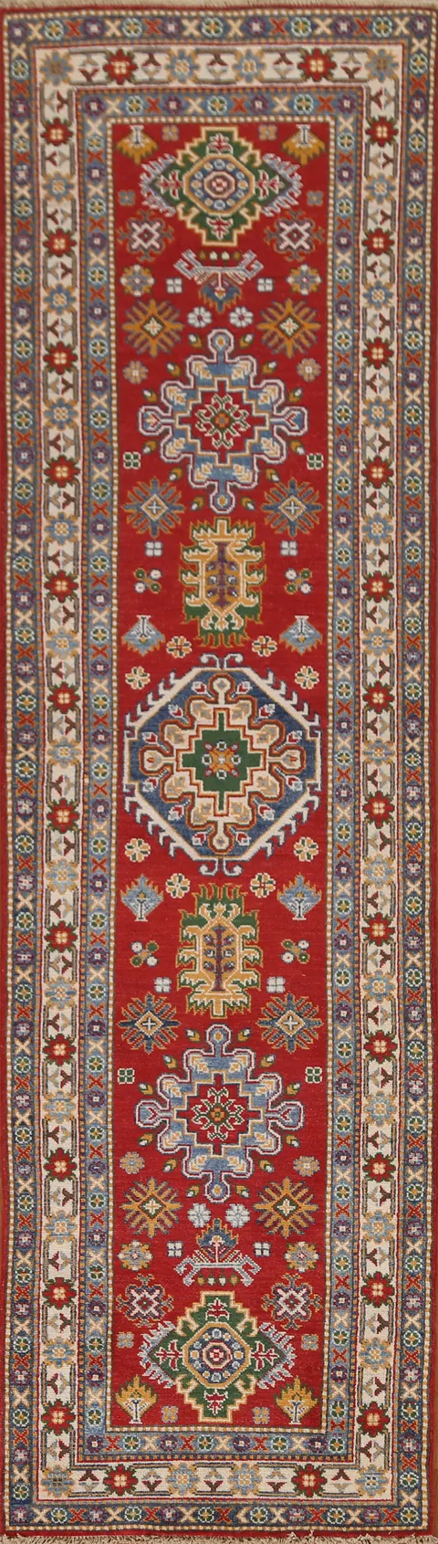 Red Geometric Kazak Handmade Runner Rug 3x10
