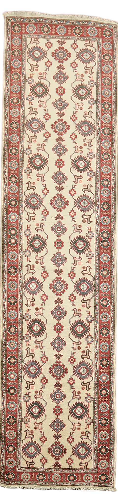 Luxurious Red and Ivory Hand-Knotted Kazak Runner 3'x12'