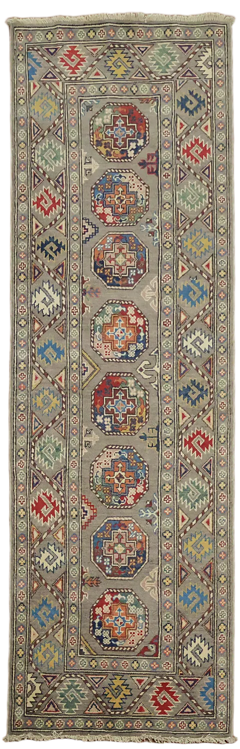 Geometric Tribal Grey Kazak Pakistani Runner Rug 3'x8'