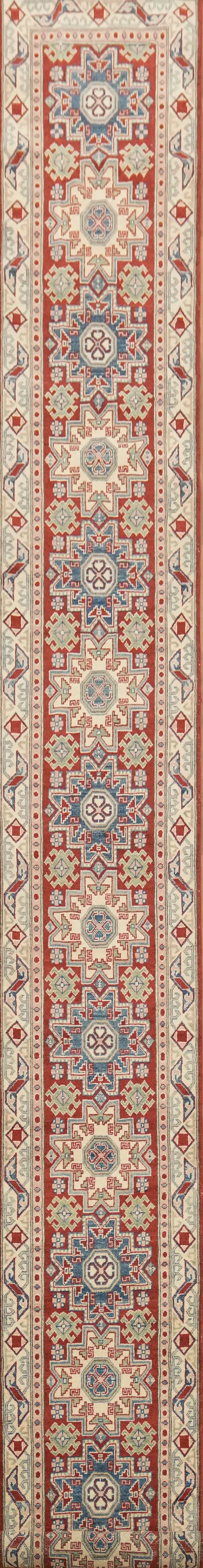 Handmade Kazak Geometric Runner Rug 3x19