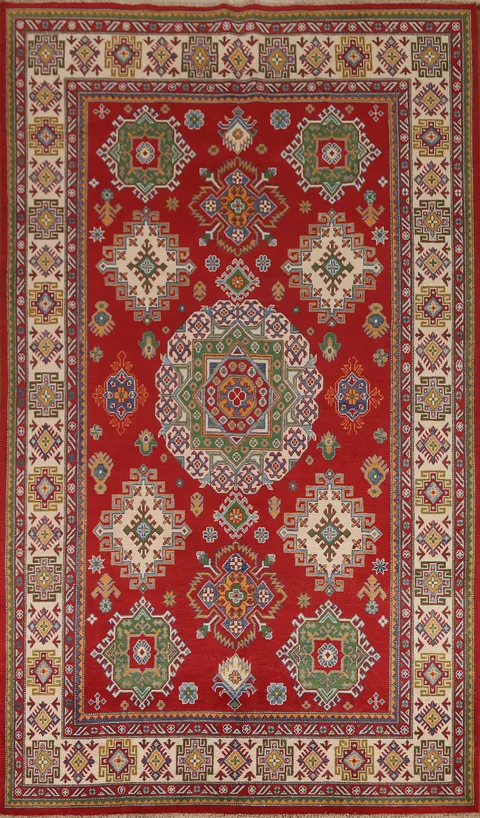 Red Geometric Kazak Hand-Knotted Area Rug 7x10