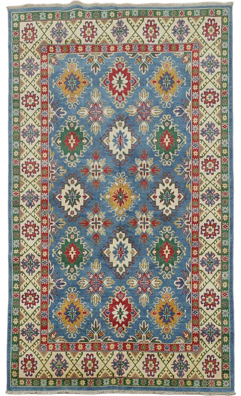 Vibrant Traditional Kazak Blue Rug with Geometric Medallions 7x10