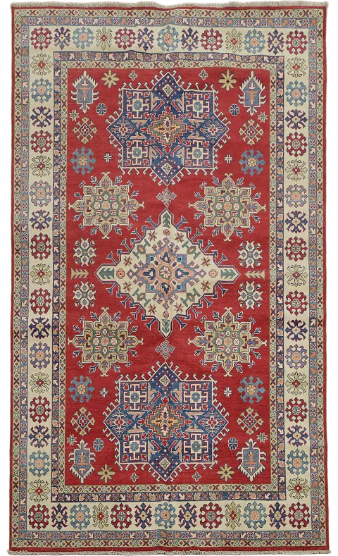 Traditional Red Kazak Pakistani Rug with Exquisite Geometric Designs 7x10 ft