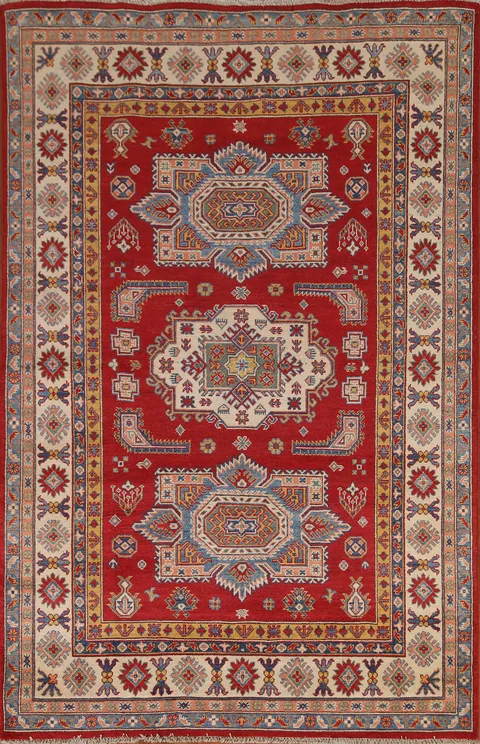 Geometric Red Kazak Handmade Area Rug 6x8