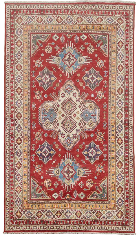 Elegant Red Tribal Pattern Kazak Rug with Vintage Charm and Craftsmanship 7x10