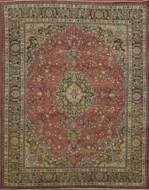 Traditional Floral Red Mashad Vintage Persian Hand-Knotted Rug 10x13