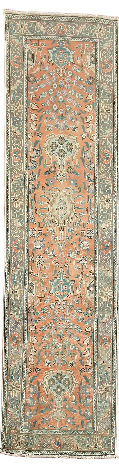 Vintage Traditional Floral Terracotta Tabriz Persian Runner 3'x10