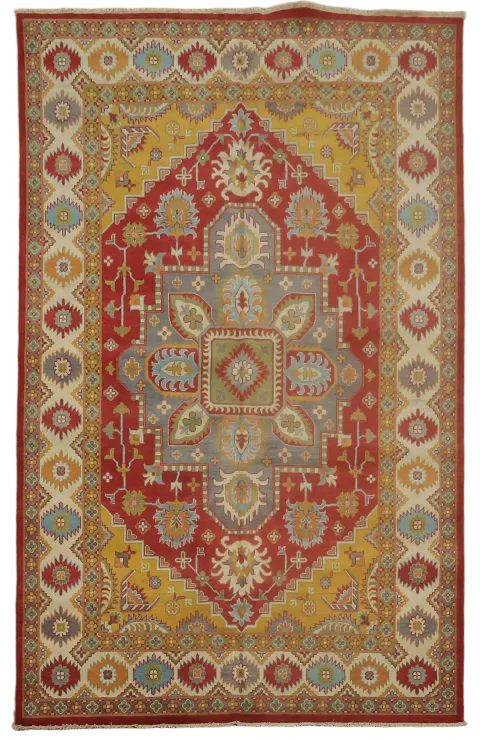 Vibrant Tribal Medallion Rug with Rich Red and Gold Motif 7x10
