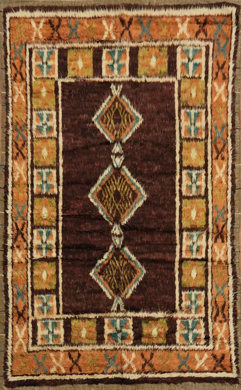 Handcrafted Tribal Design Dark Maroon Moroccan Rug 6x10