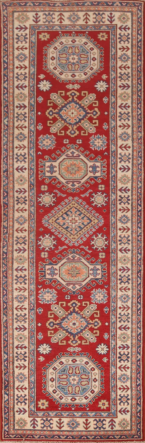 Red Geometric Kazak Runner Rug 3x10