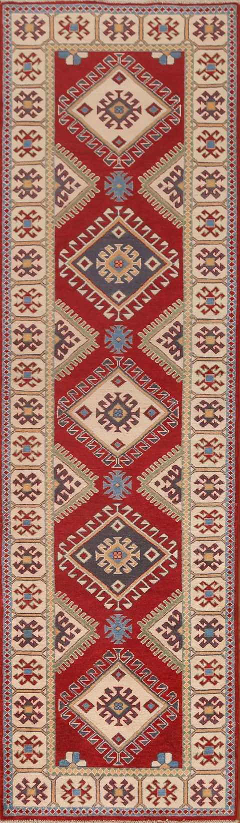 Red Wool Kazak Oriental Runner Rug 3x10