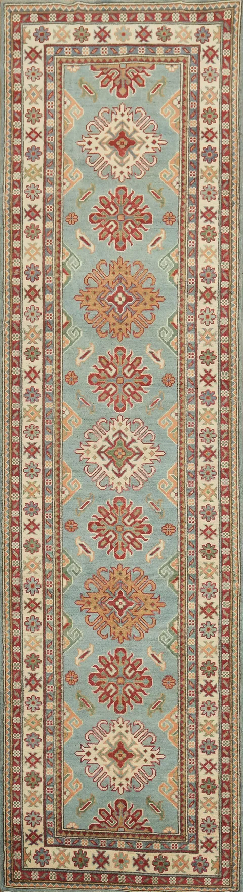 Traditional Kazak Blue Runner with Intricate Geometric Patterns 3x10 ft