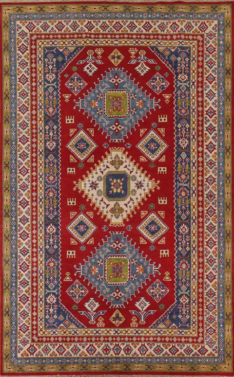 Red Geometric Kazak Oriental Area Rug 7x10