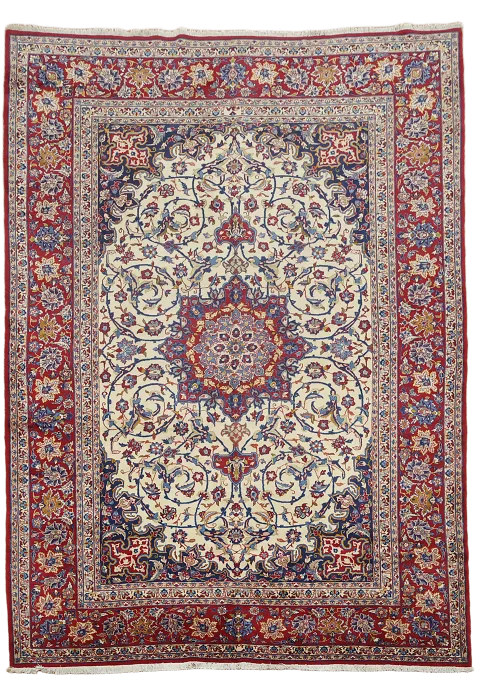Luxurious Vintage Isfahan Persian Rug in Ivory and Red Border 9'x13'