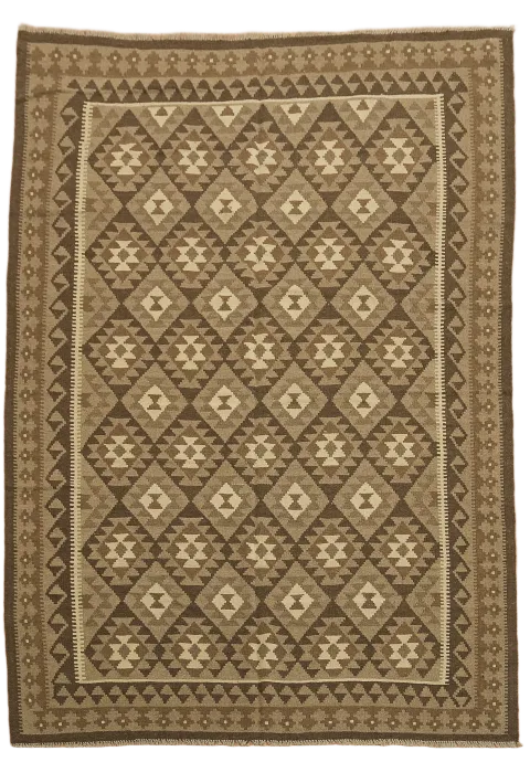 Rustic Brown Flat-Weave Kilim Rug with Geometric Diamond Design 7'x10'