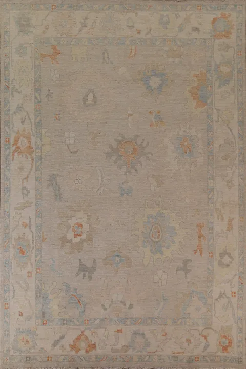 Elegant Taupe Beige Floral Motif Oushak Turkish Rug: Luxurious Handcrafted Piece 9x12