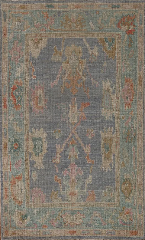Blue Floral Oushak Vegetable Dye Area Rug 4x6
