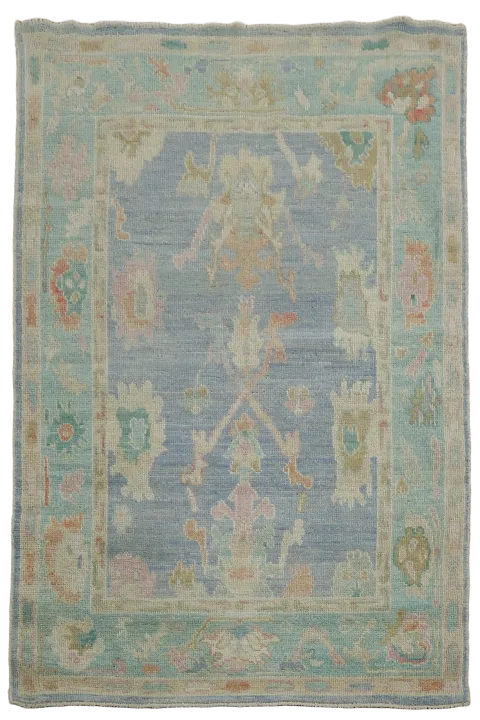 Blue Floral Oushak Vegetable Dye Area Rug 4x6