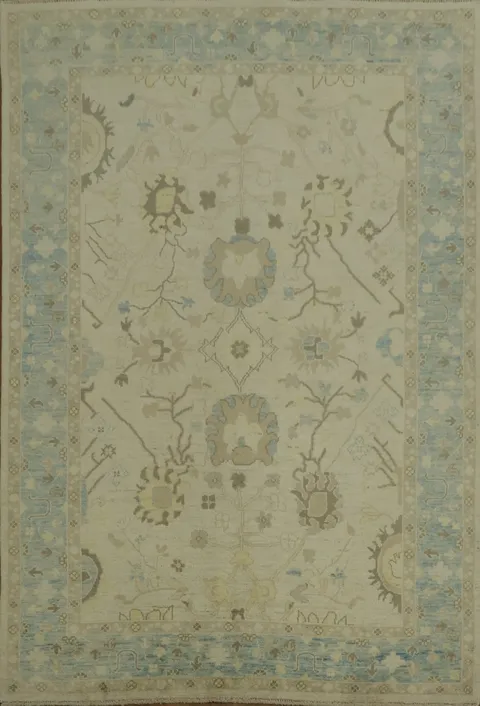 Oushak Turkish Beige and Blue Rug with Ornate Floral Motifs 6x9